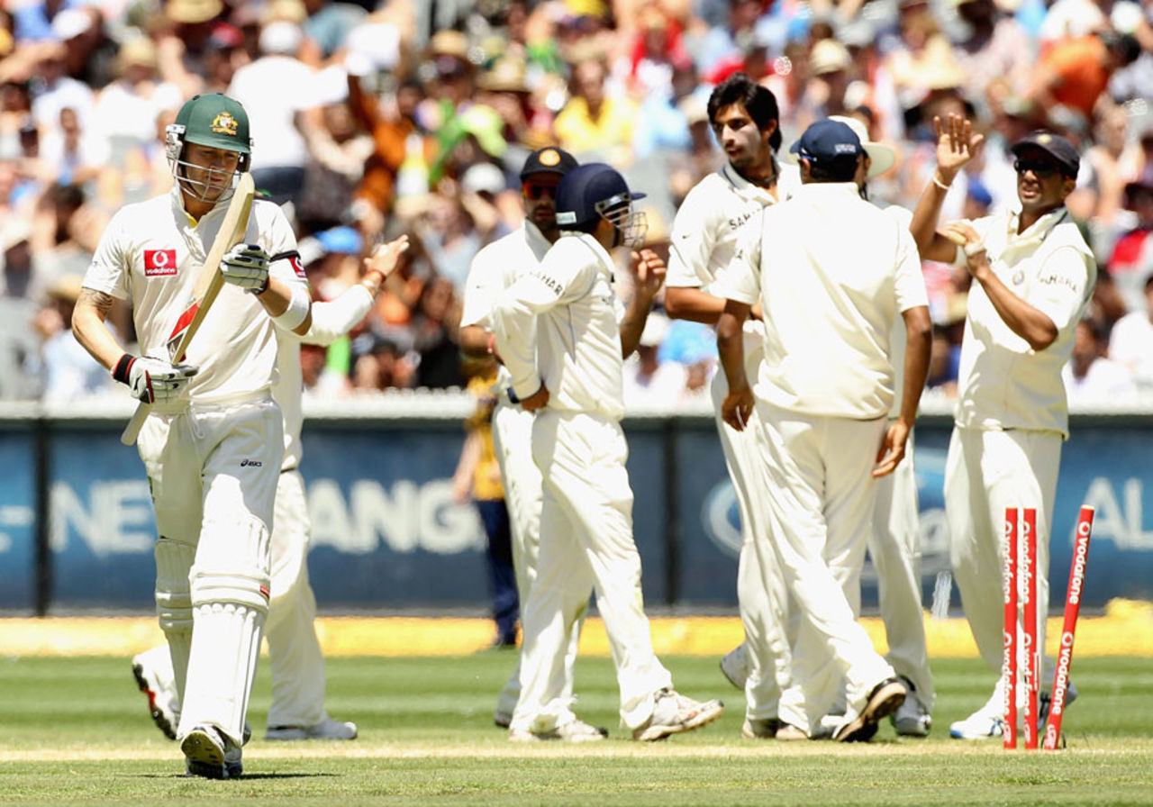 Michael Clarke was bowled by Ishant Sharma for just one, Australia v India, 1st Test, Melbourne, 3rd day, December 28, 2011