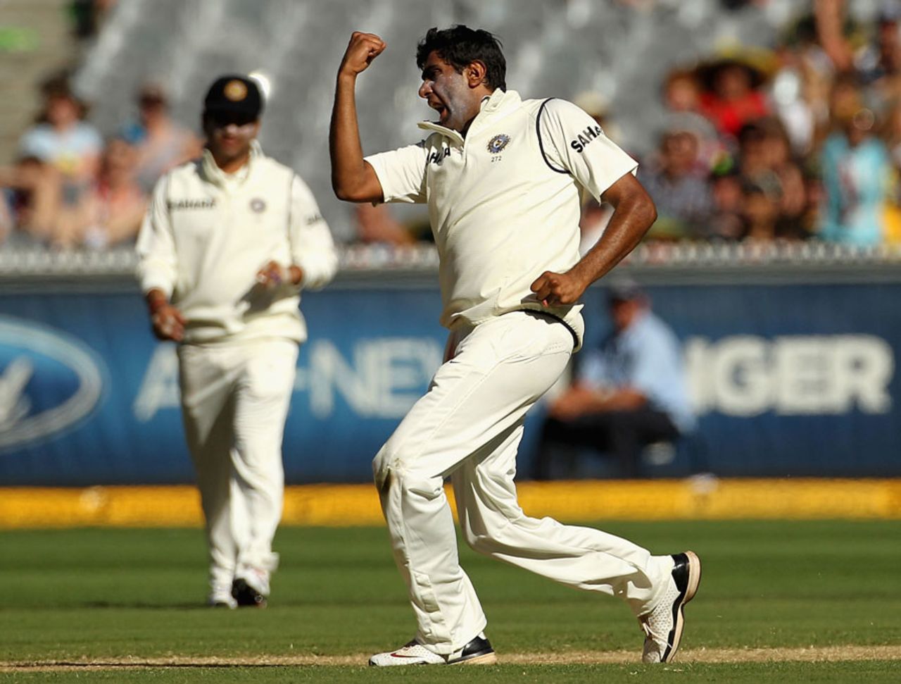 R Ashwin is pumped up after trapping Nathan Lyon lbw, Australia v India, 1st Test, Melbourne, 3rd day, December 28, 2011