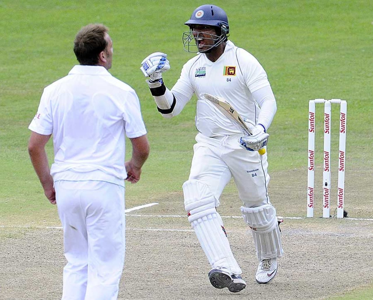 Kumar Sangakkara celebrates his first century in South Africa, South Africa v Sri Lanka, 2nd Test, Durban, 3rd day, December 28, 2011