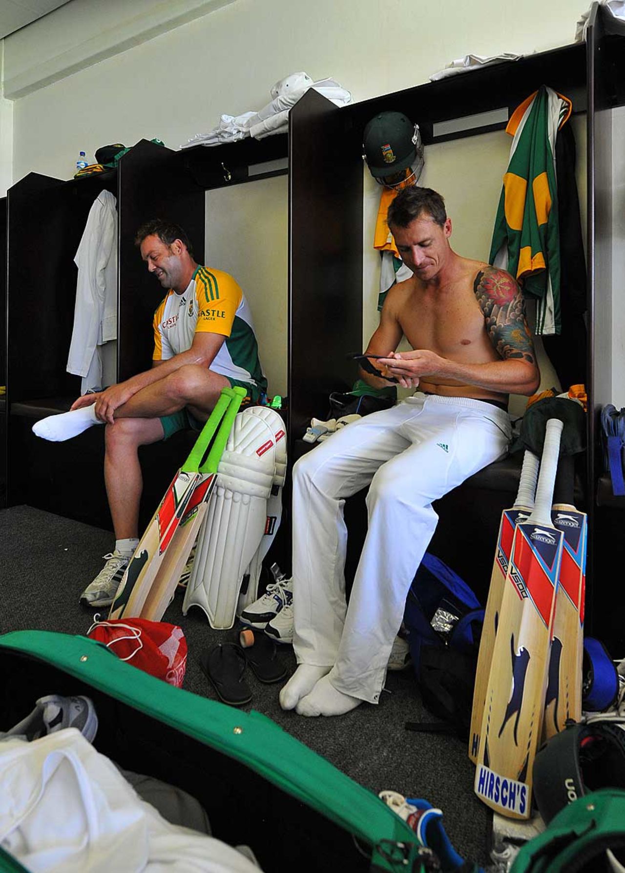 Dale Steyn and Jacques Kallis share a light moment in the dressing room, South Africa v Sri Lanka, 2nd Test, Durban, 4th day, December 29, 2011