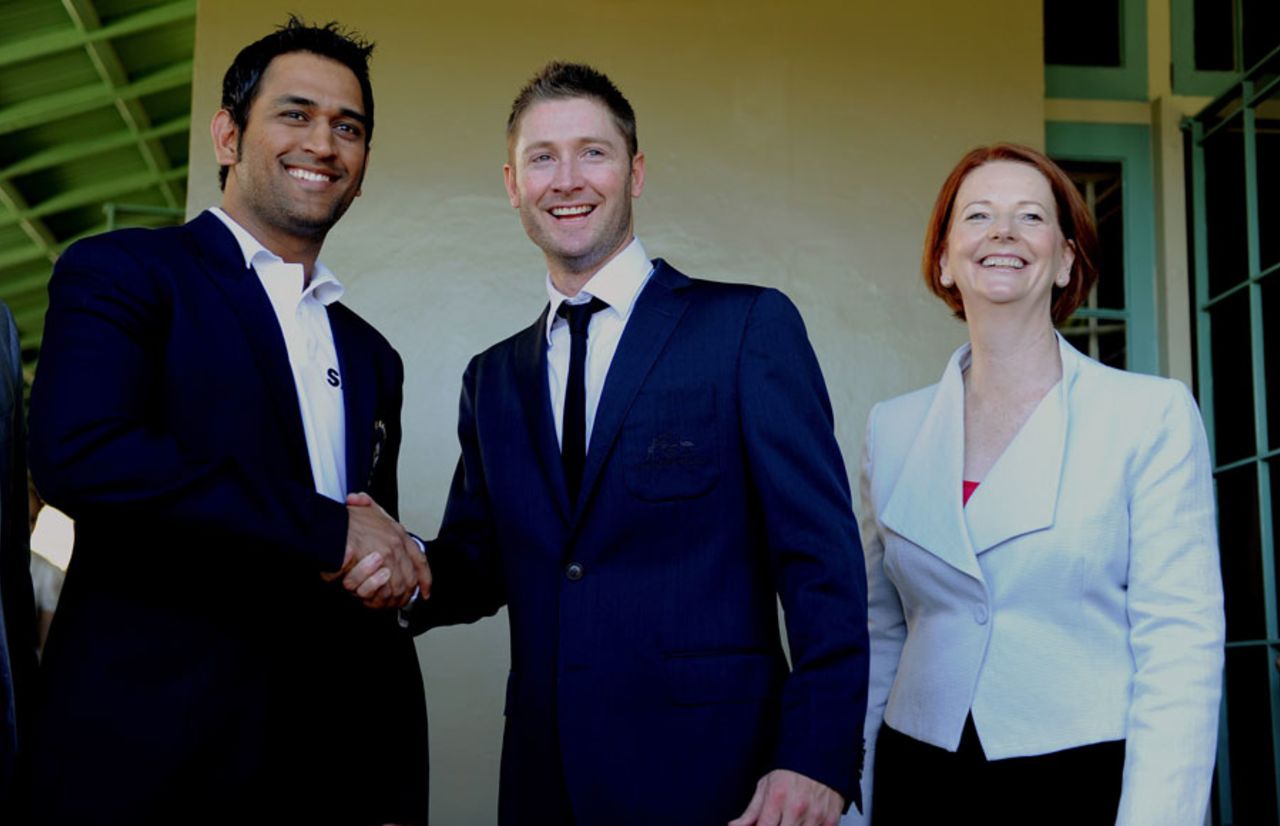MS Dhoni and Michael Clarke with the Australian Prime Minister, Julia Gillard , Sydney, January 1, 2012
