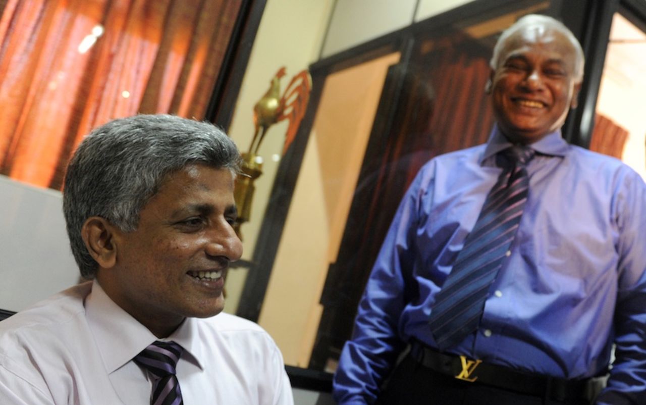 Nishantha Ranatunga, the Sri Lanka Cricket secretary, with Upali Dharmadasa, the new SLC president, Colombo, January 3, 2012