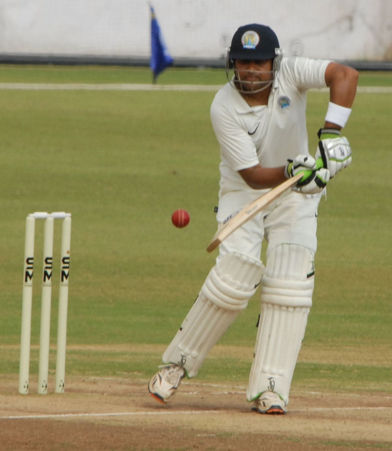 Aakash Chopra defends during his century, Hyderabad v Rajasthan, Ranji Trophy 2011-12 quarter-final, Hyderabad, 2nd day, January 3, 2012 