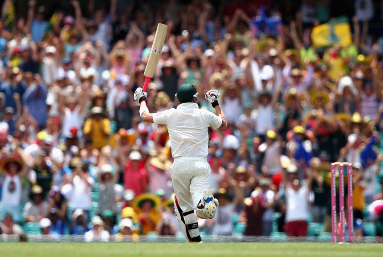 Michael Clarke pumps his fist after reaching his century, Australia v India, 2nd Test, Sydney, 2nd day, January 4, 2012