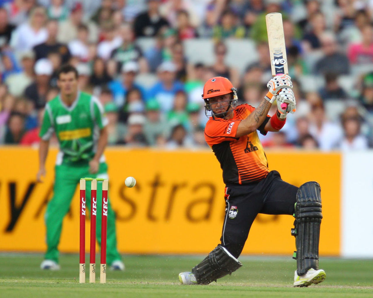 Herschelle Gibbs drives during his innings of 69, Melbourne Stars v Perth Scorchers, BBL 2011-12, MCG, January 4, 2012
