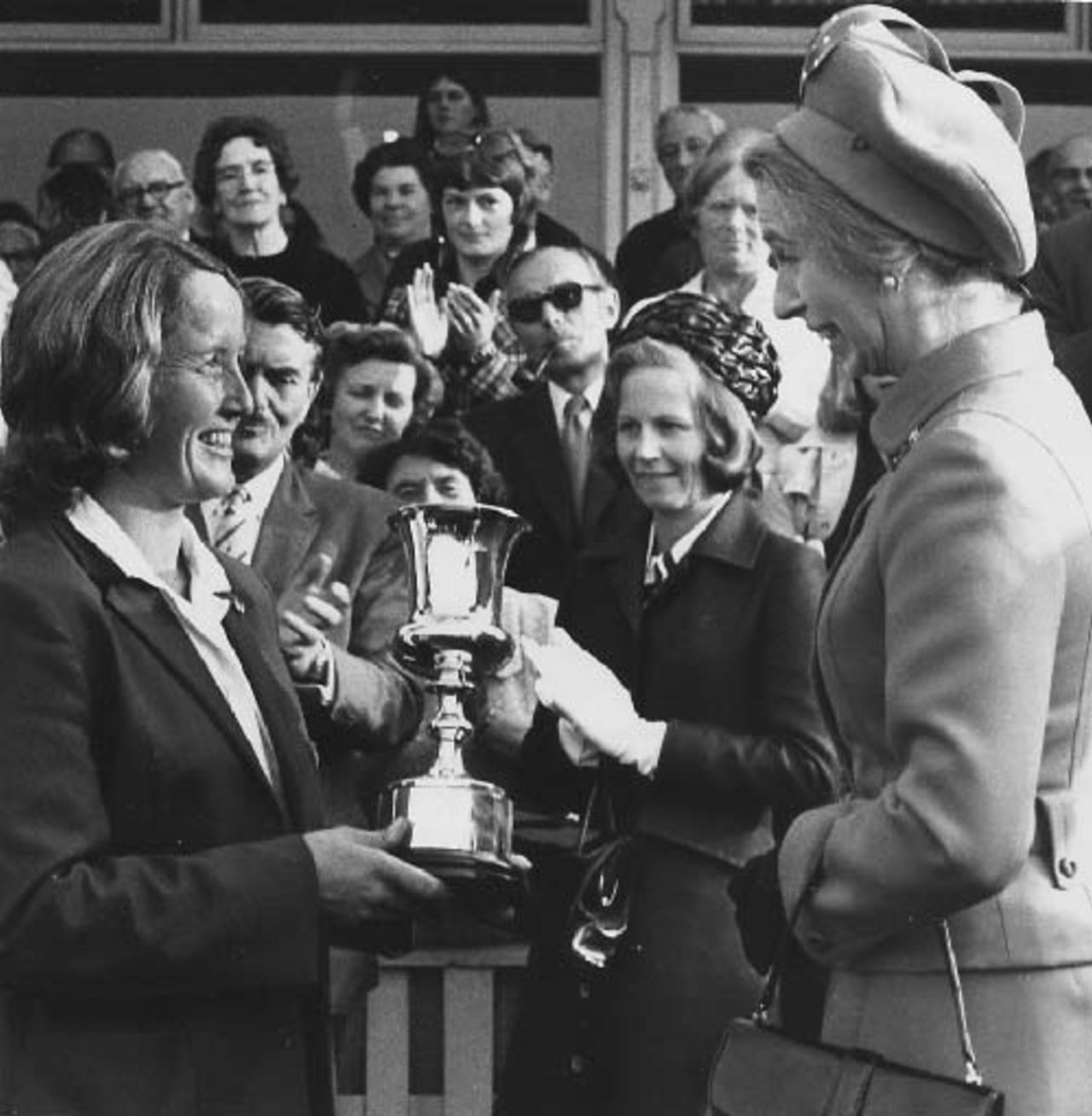 Rachael Heyhoe-Flint receives the World Cup from Princess Anne, Edgbaston, July 28, 1973