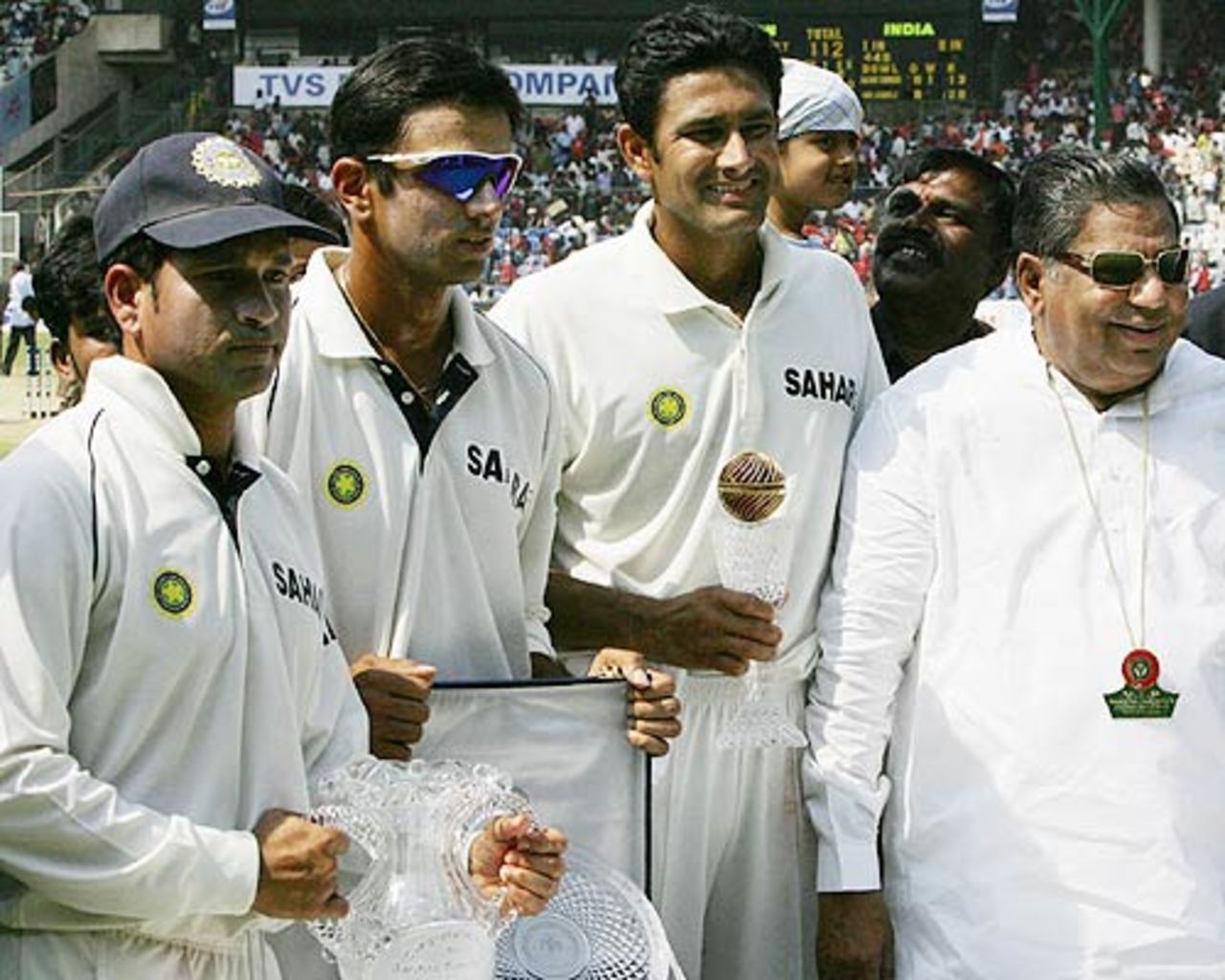 Sachin Tendulkar, Rahul dravid and Anil Kumble were honoured for their individual milestones by Dharam Singh, the Karnataka chief minister, India v Pakistan, 3rd Test, Bangalore, 4th day, March 27, 2005