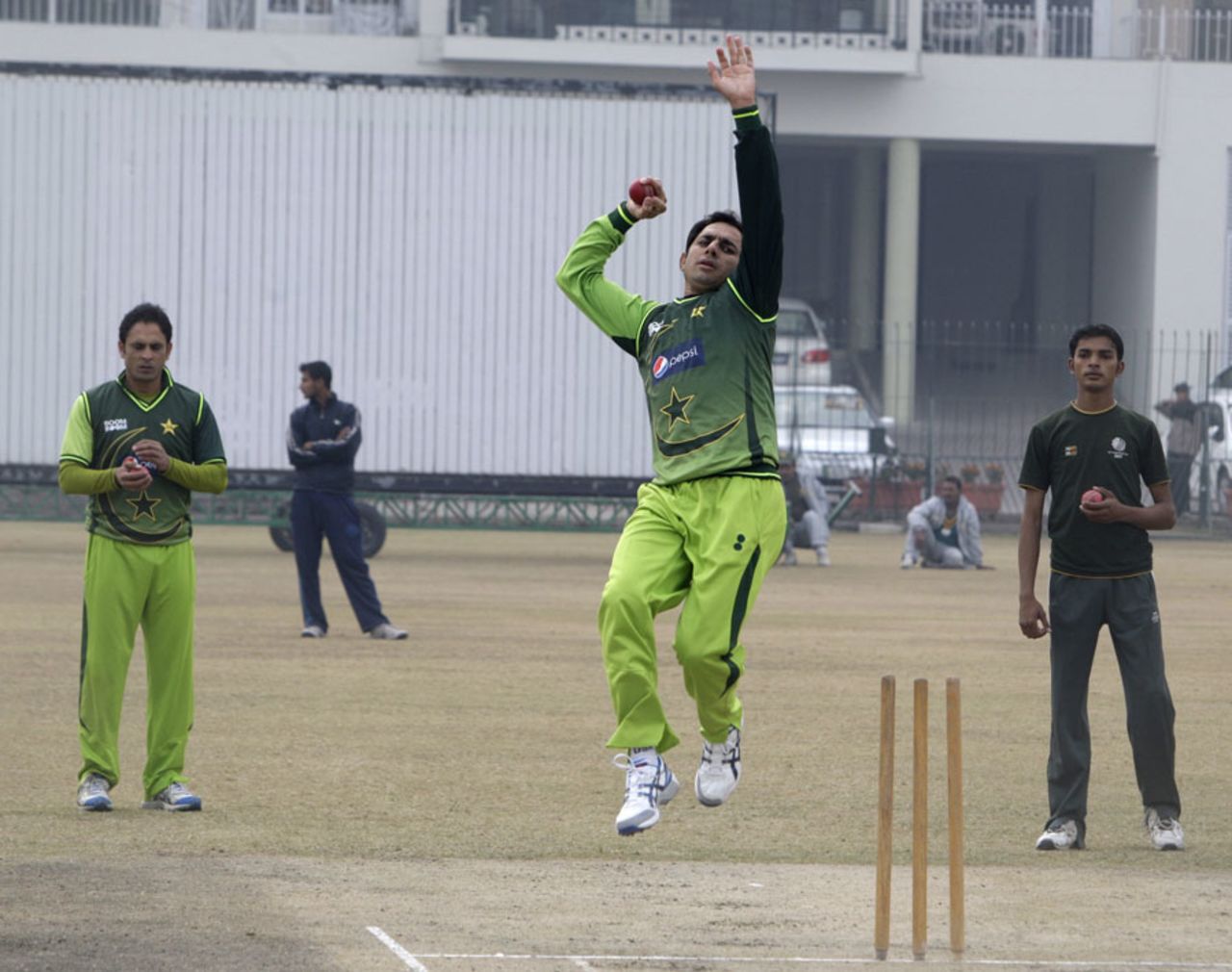 Saeed Ajmal bowls during Pakistan's training camp, Lahore, January 6, 2012