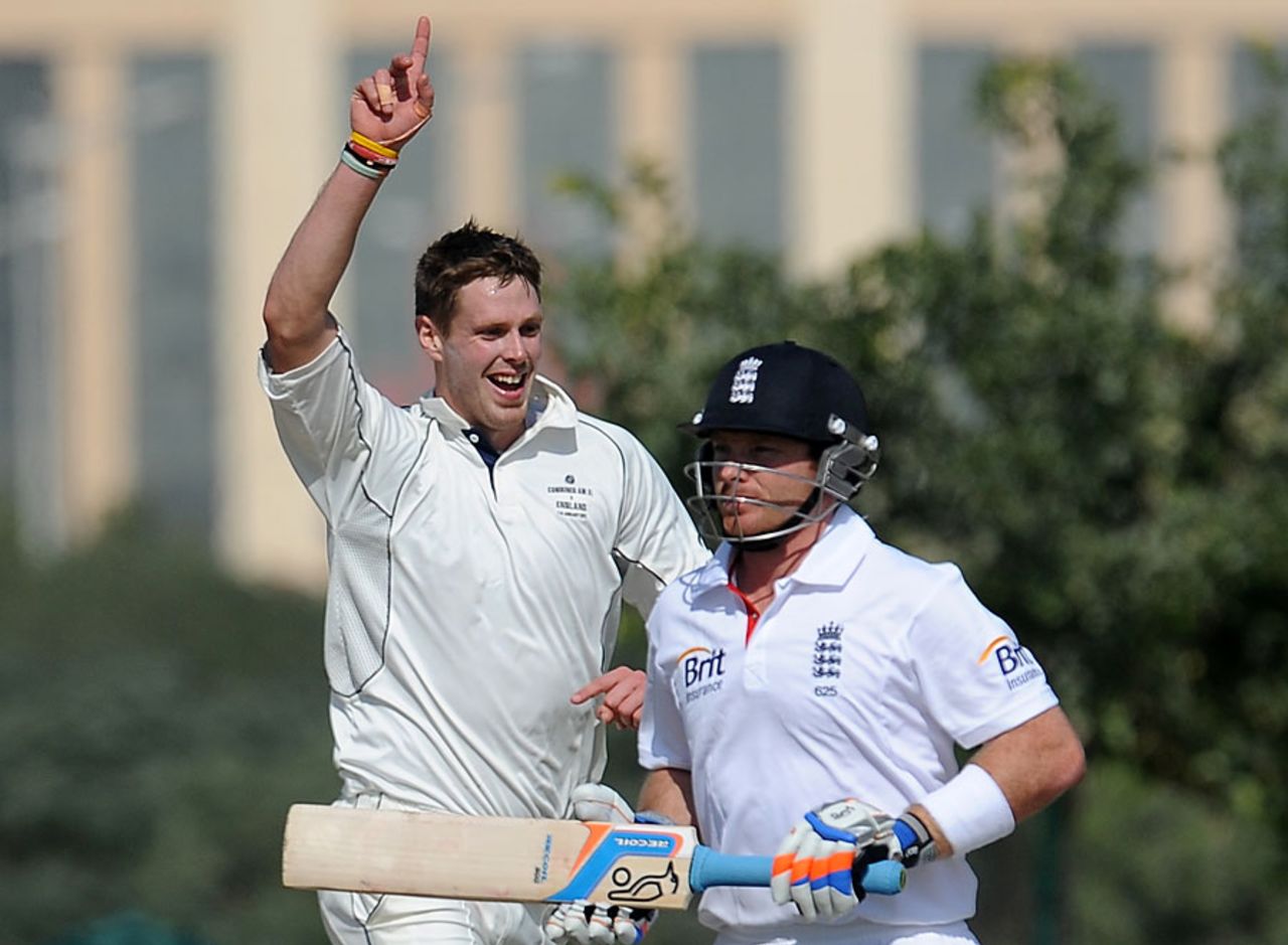 Boyd Rankin removed his Warwickshire team-mate Ian Bell, ICC Combined XI v England XI, Dubai, 2nd day, January 8, 2012