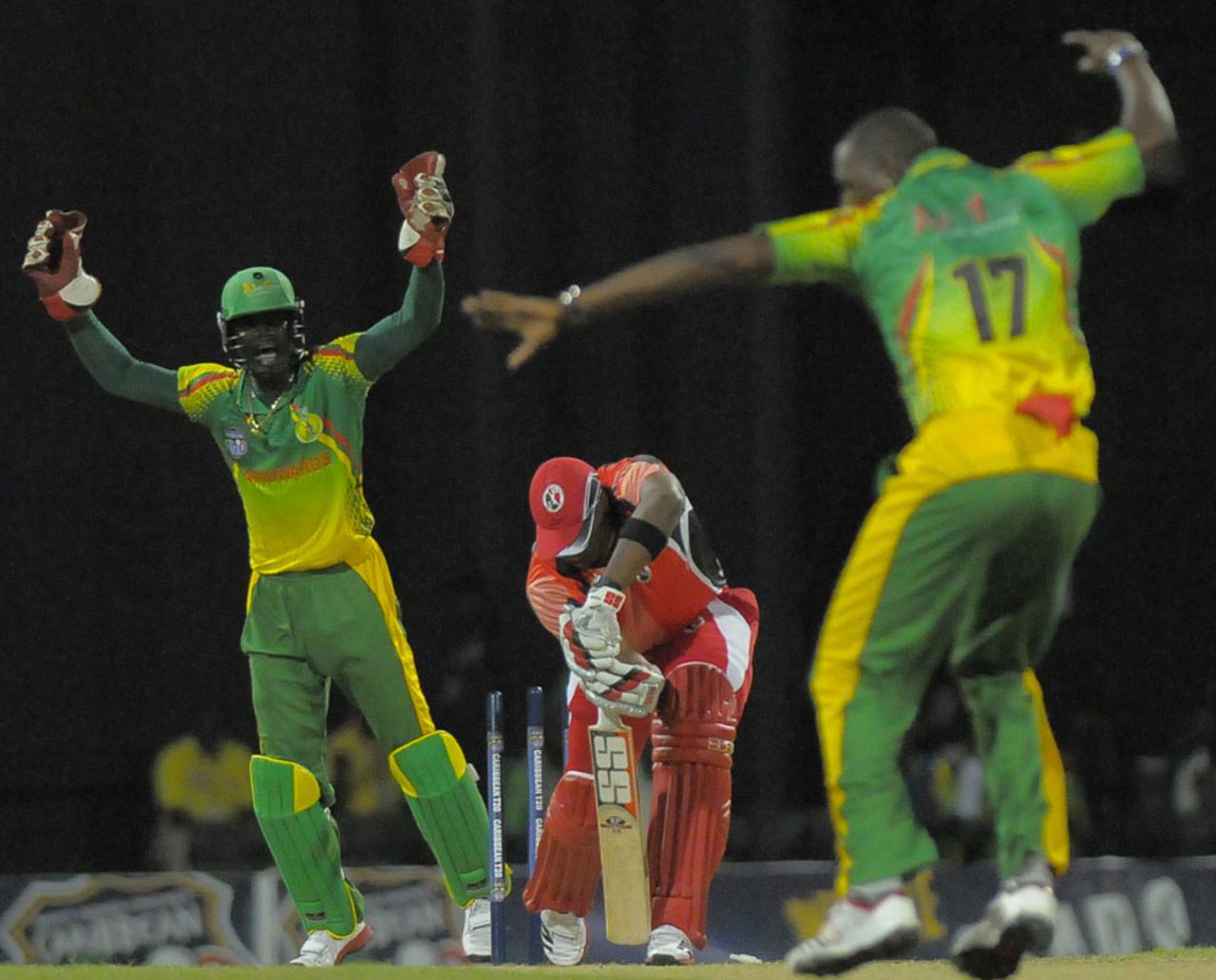 Kieron Pollard is bowled by Shane Shillingford, Trinidad & Tobago v Windward Islands, Caribbean T20 2011-12, Group A match, North Sound, Antigua, January 9, 2012
