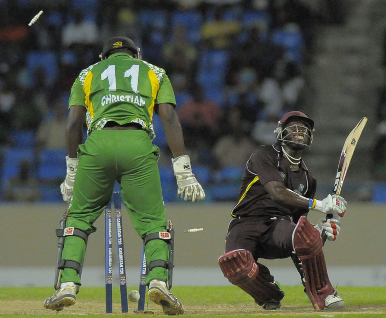 Devon Thomas is bowled for 26, Guyana v Leeward Islands, Caribbean T20 2011-12, Group A match, North Sound, Antigua, January 9, 2012
