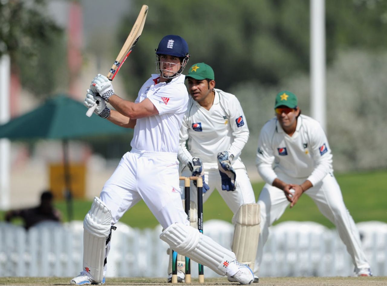 Alastair Cook plays the pull, Pakistan Cricket Board XI v England XI, Tour match, 1st day, Dubai, January 11, 2012