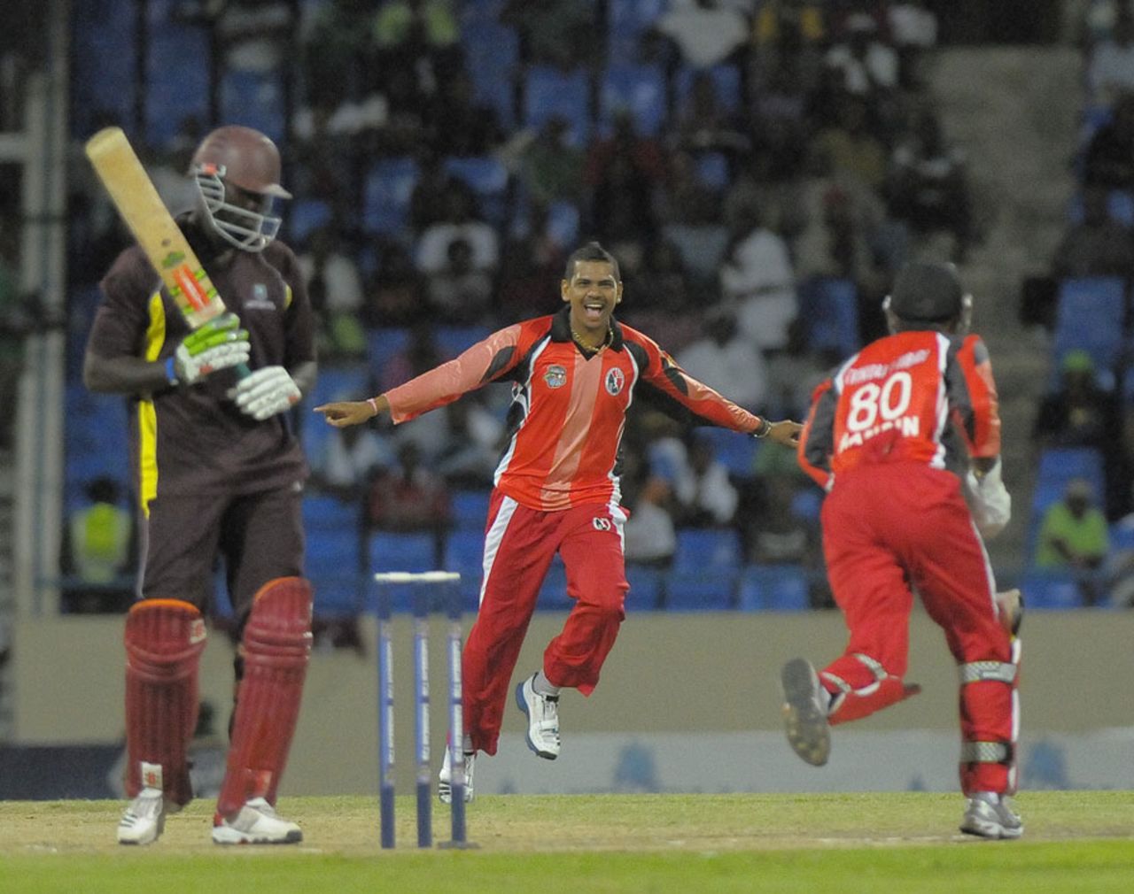 Sunil Narine claimed four wickets in an over, Leeward Islands v Trinidad & Tobago, Caribbean T20 2011-12, Group A match, North Sound, Antigua, January 11, 2012