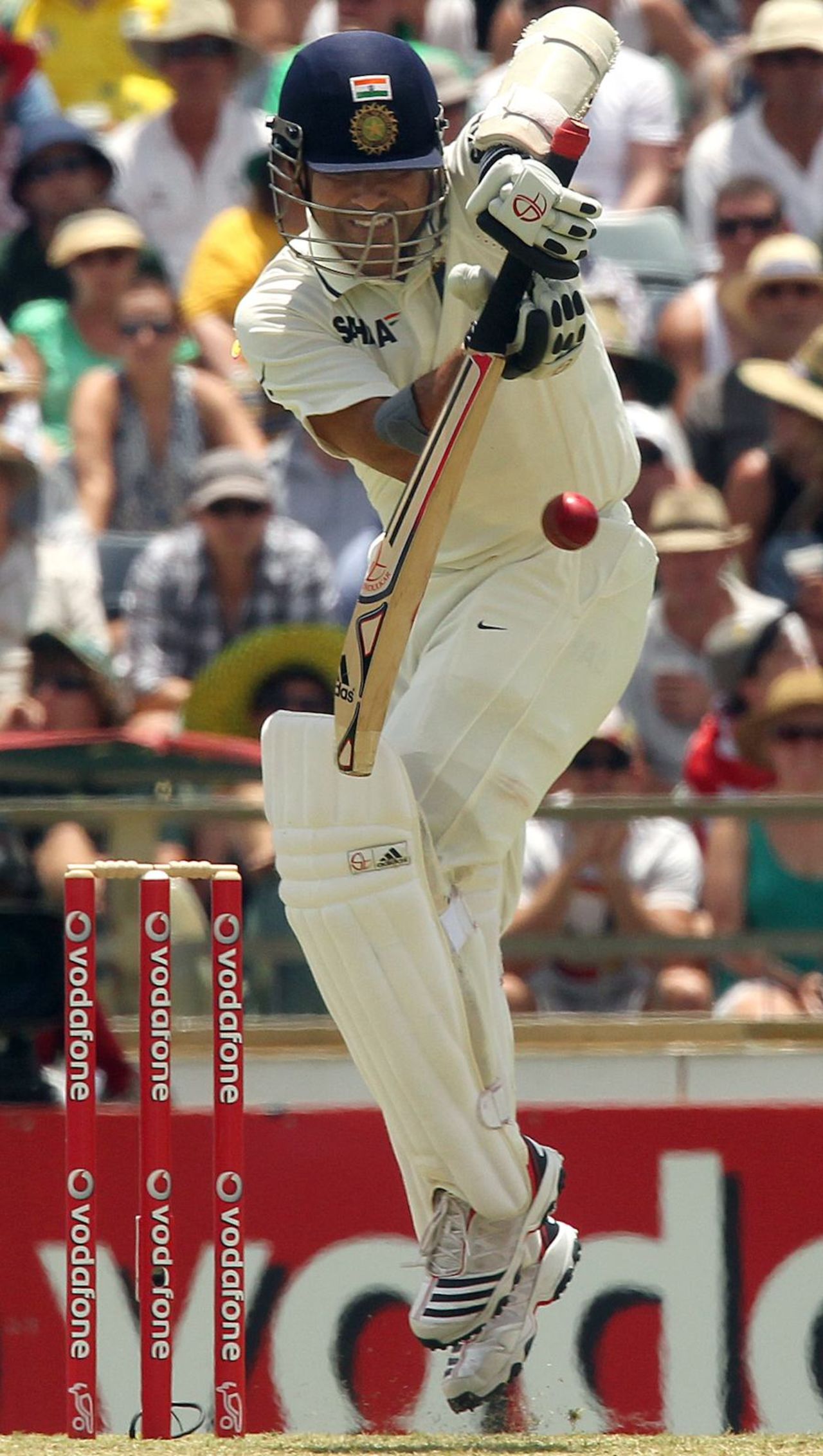Sachin Tendulkar gets off his feet to play the ball, Australia v India, 3rd Test, Perth, 1st day, January 13, 2012