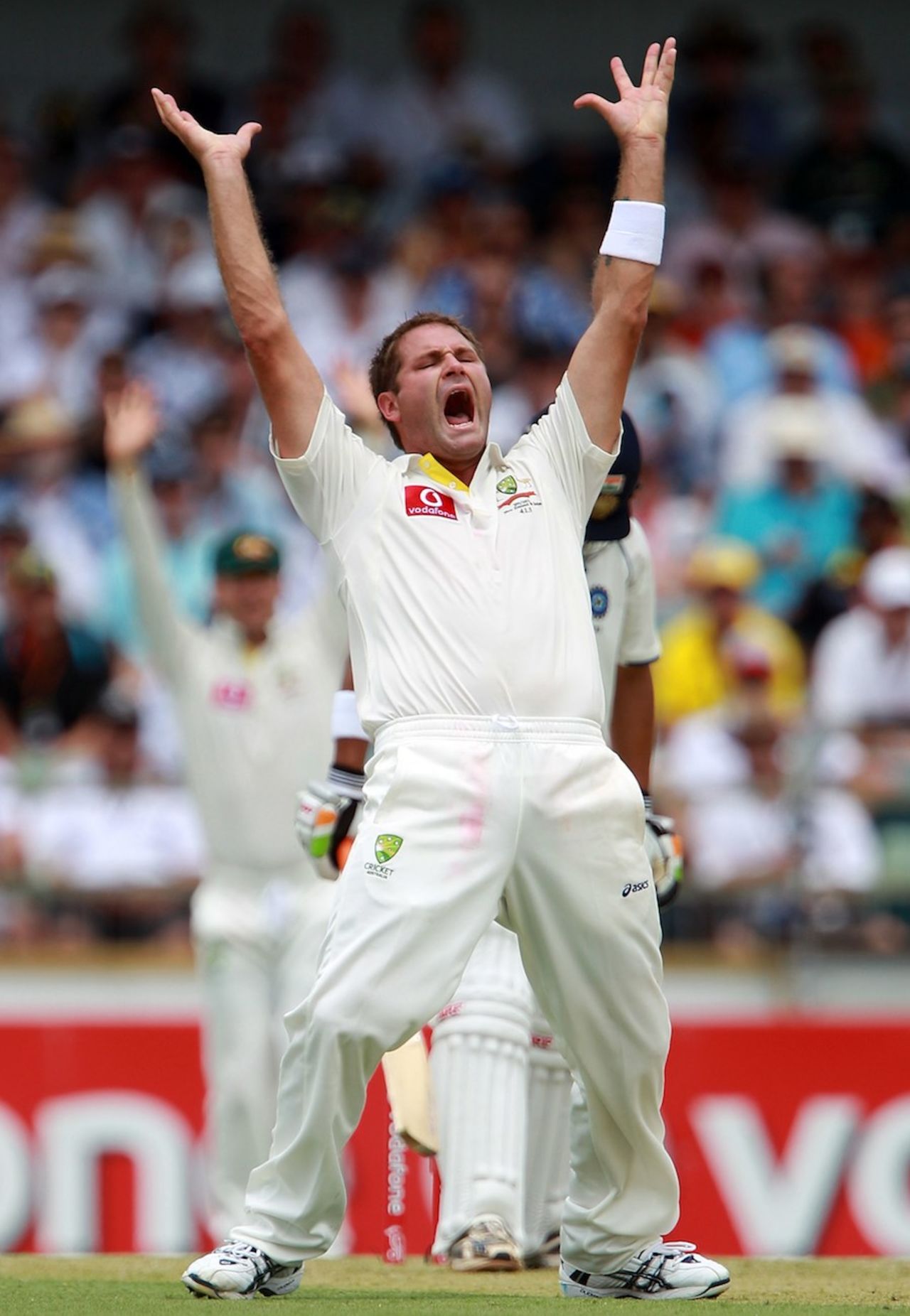 Ryan Harris roars an appeal, Australia v India, 3rd Test, Perth, 1st day, January 13, 2012