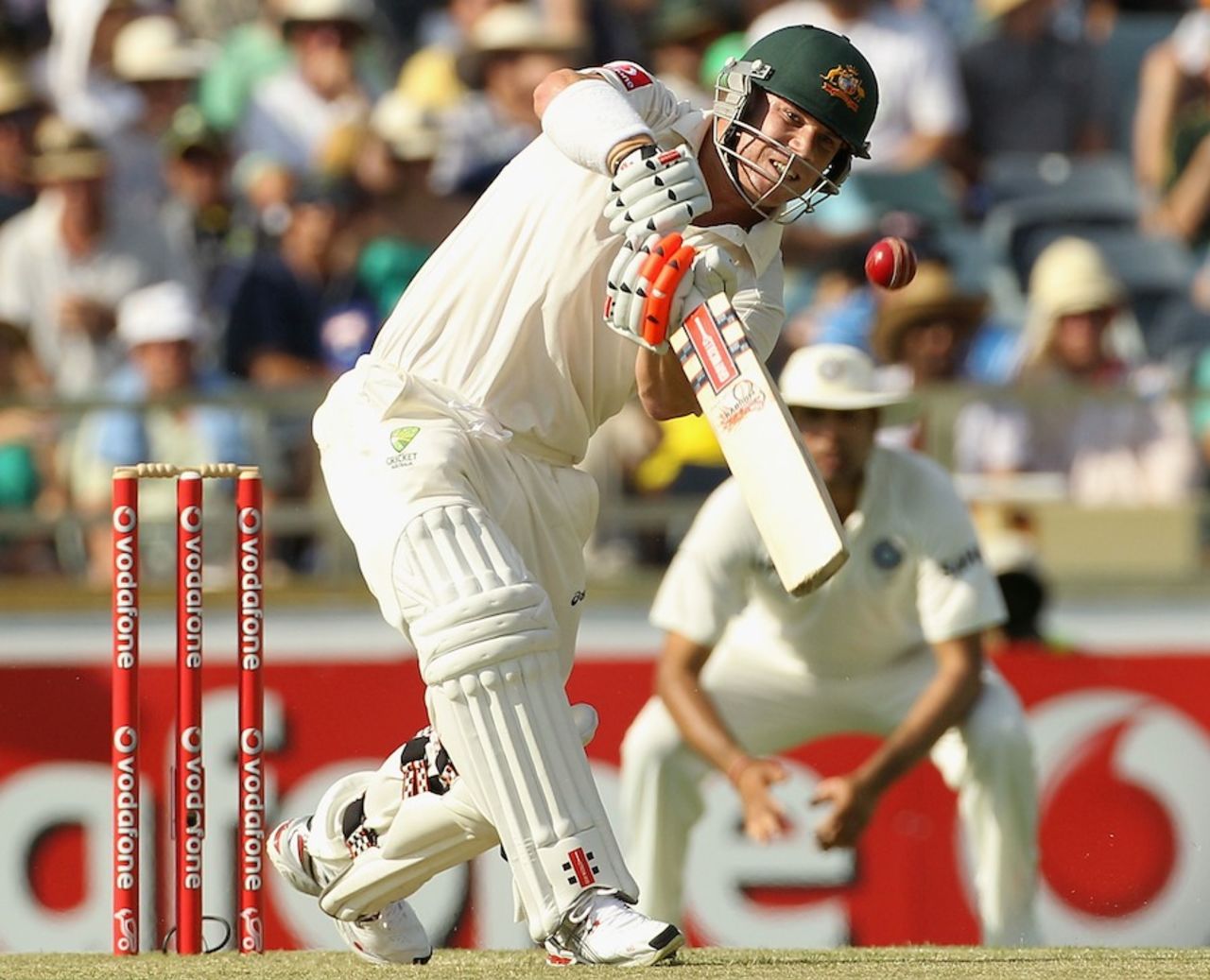 David Warner hits over the top, Australia v India, 3rd Test, Perth, 1st day, January 13, 2012