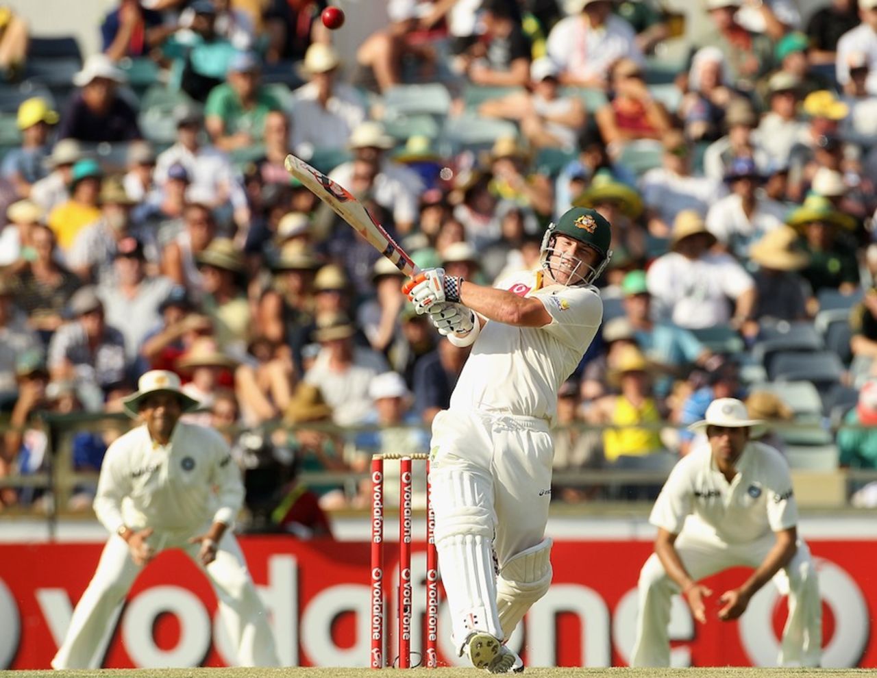 David Warner launches the ball for six, Australia v India, 3rd Test, Perth, 1st day, January 13, 2012