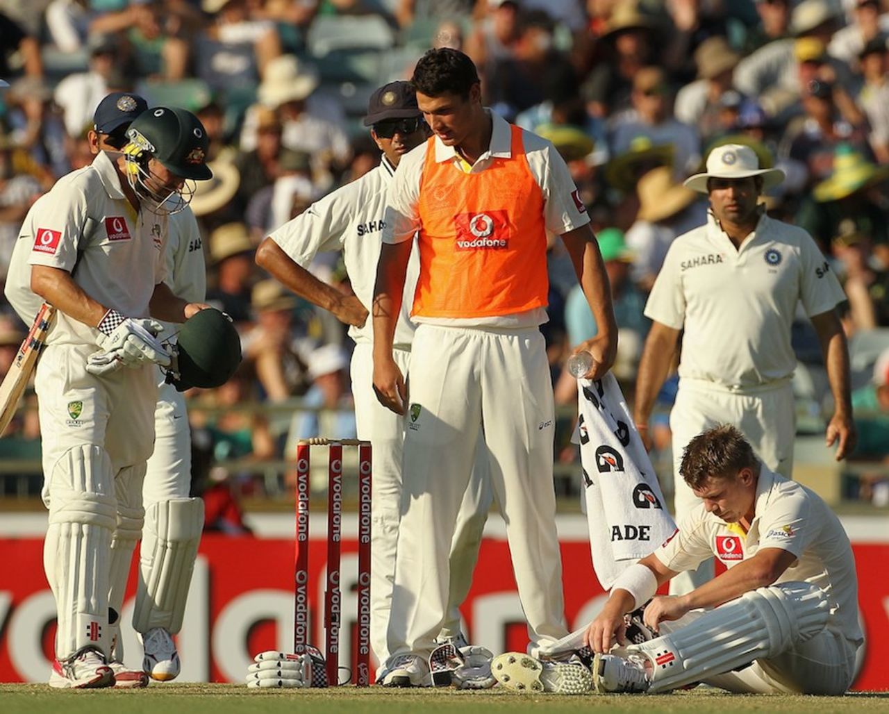David Warner was struck on the helmet by Umesh Yadav, Australia v India, 3rd Test, Perth, 1st day, January 13, 2012