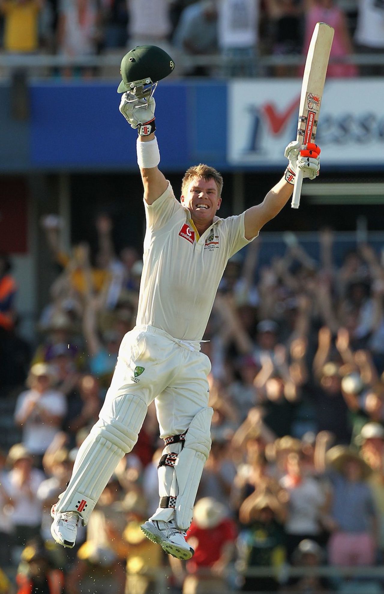 David Warner celebrates the fourth quickest century in Tests, Australia v India, 3rd Test, Perth, 1st day, January 13, 2012