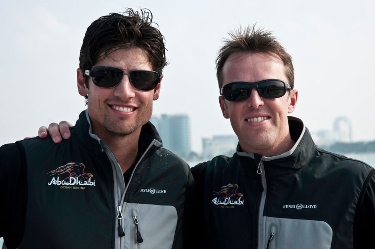 Alastair Cook and Graeme Swann joined the yacht of Abu Dhabi Ocean Racing for part of the round the world race, Abu Dhabi, January 14, 2012