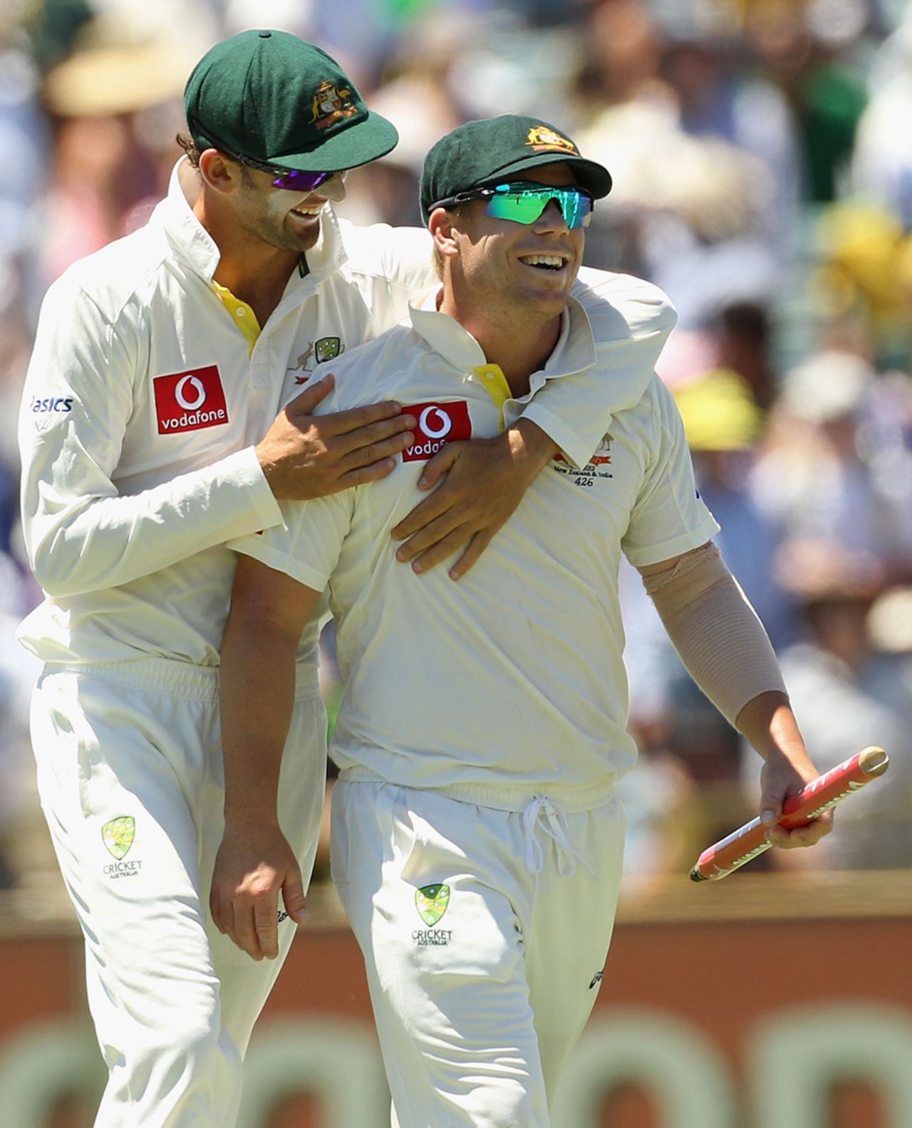 Nathan Lyon and David Warner are all smiles after Australia beat India, Australia v India, 3rd Test, Perth, 3rd day, January 15, 2012