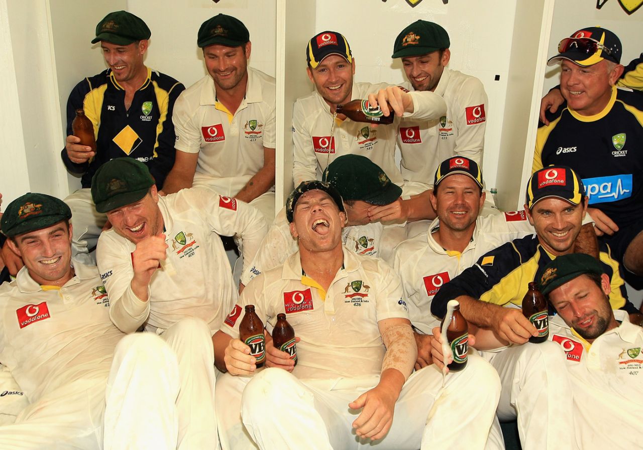It pours for David Warner in a jubilant Australia dressing room, Australia v India, 3rd Test, Perth, 3rd day, January 15, 2012