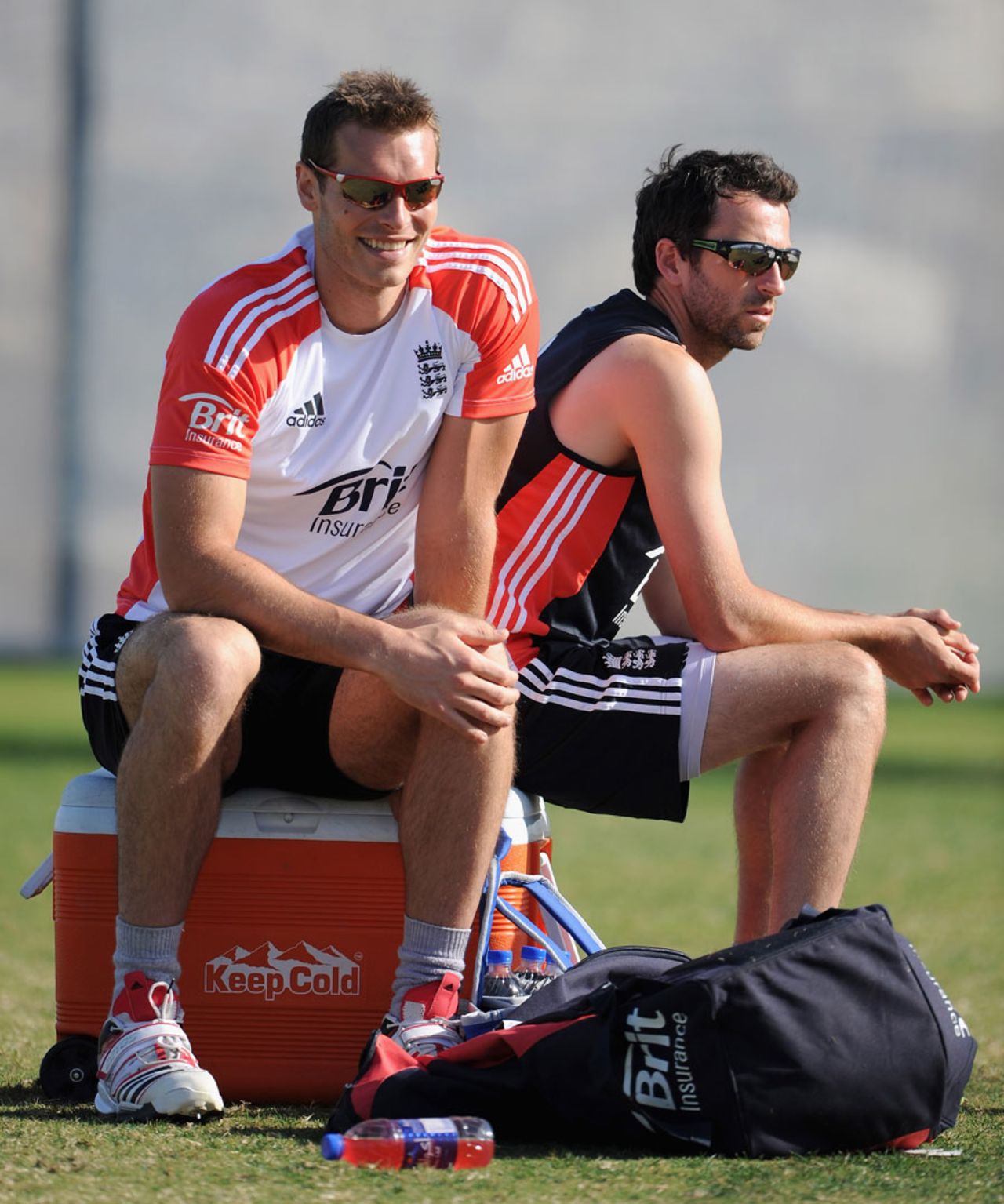 Chris Tremlett and Graham Onions pause during net practise, Dubai, January, 15, 2012