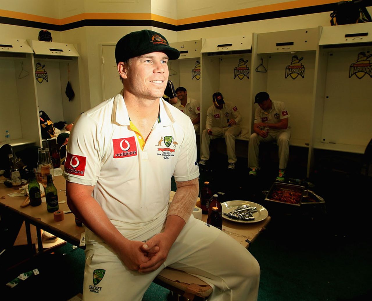 David Warner relaxes in the dressing-room after the Perth Test, Australia v India, 3rd Test, Perth, 3rd day, January 15, 2012