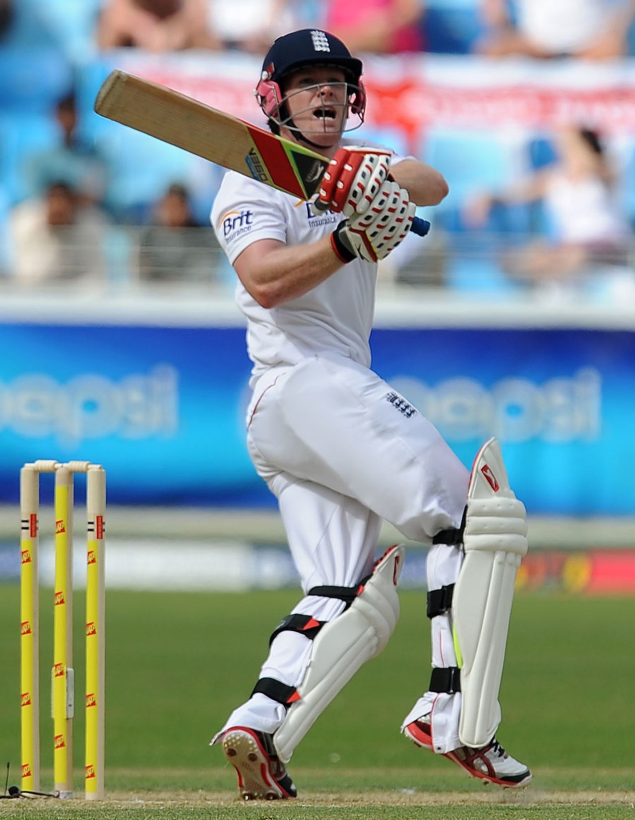 Eoin Morgan plays an uppish pull shot, Pakistan v England, 1st Test, Dubai, 1st day, January 17, 2012