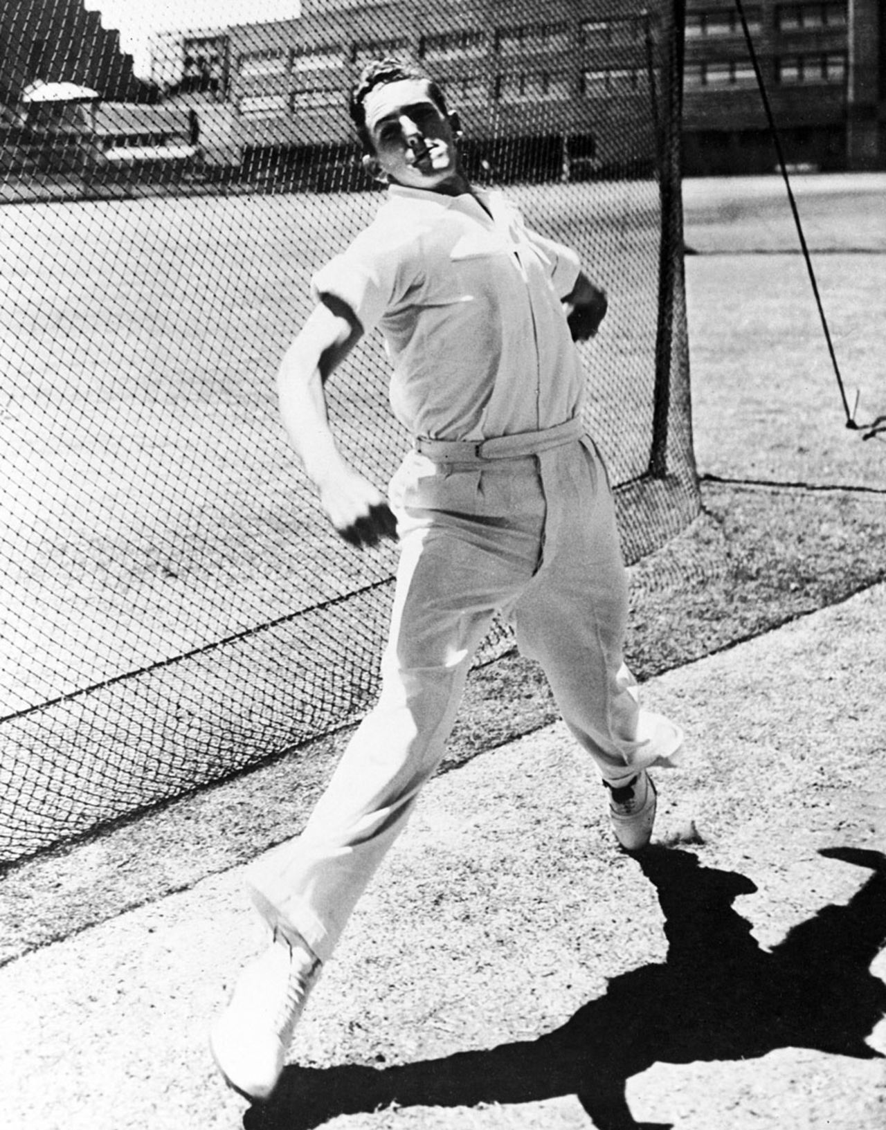 Alan Davidson bowls in the nets at Lord's ahead of the second Test, June 24, 1953