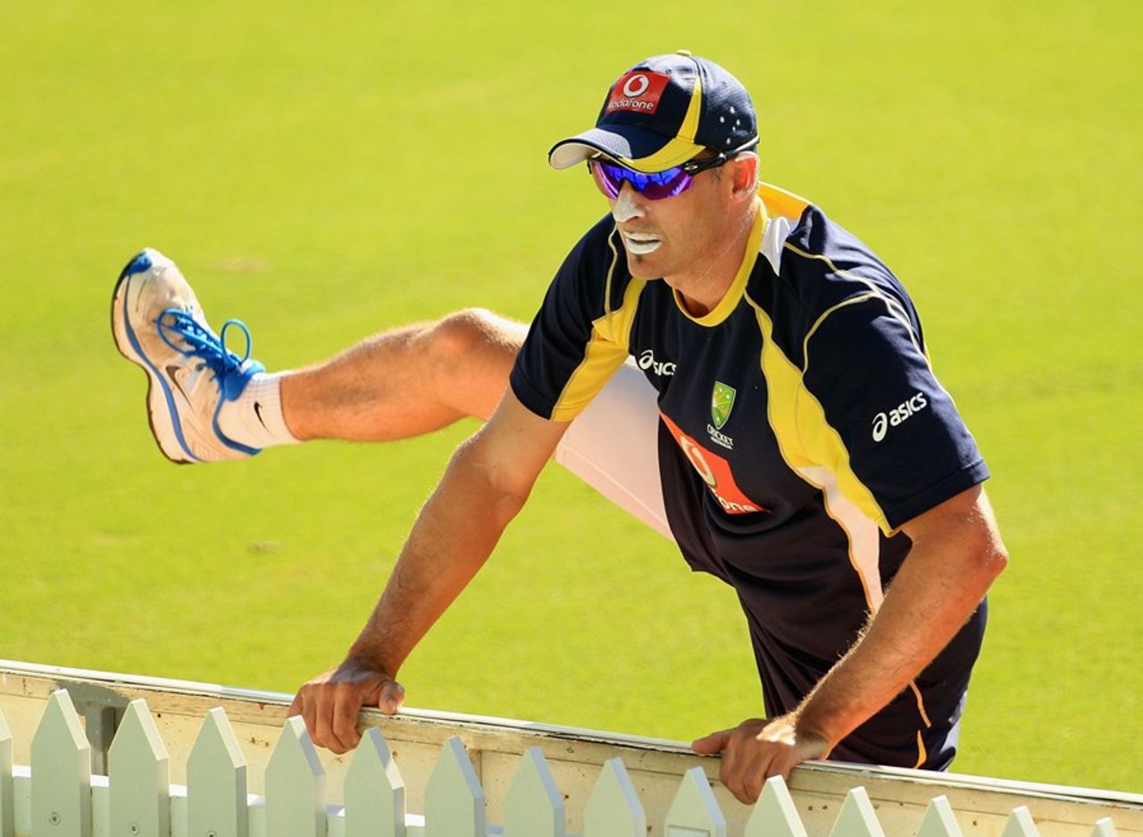 Michael Hussey does some stretches at training, Adelaide Oval, January 22, 2012