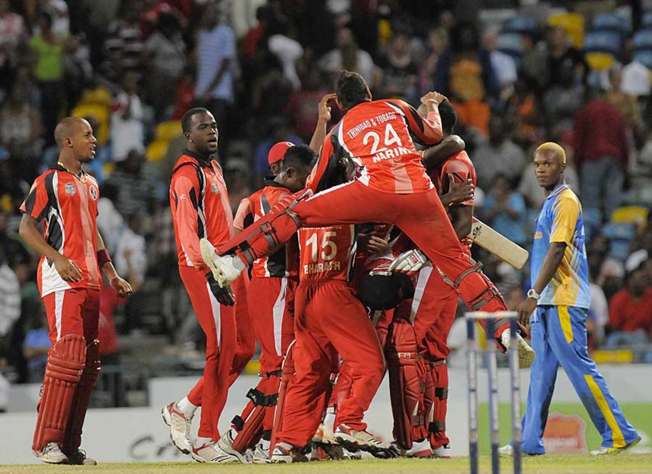 Trinidad and Tobago celebrate their semi-final win, Barbados v Trinidad and Tobago, Caribbean T20 2011-12, 2nd semi-final, Barbados, January 21, 2012