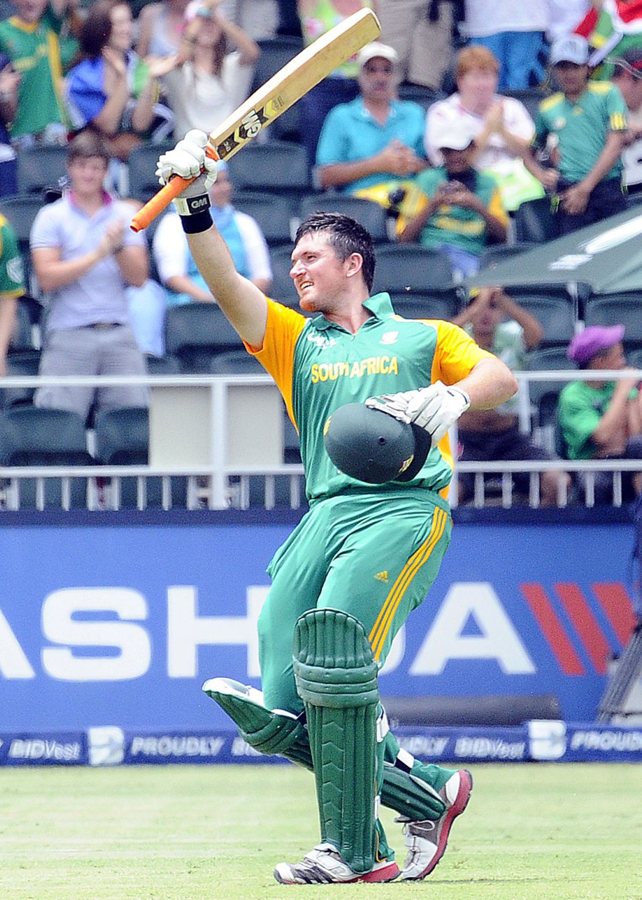 Graeme Smith is chuffed after reaching three figures, South Africa v Sri Lanka, 5th ODI, Johannesburg, January 22, 2012