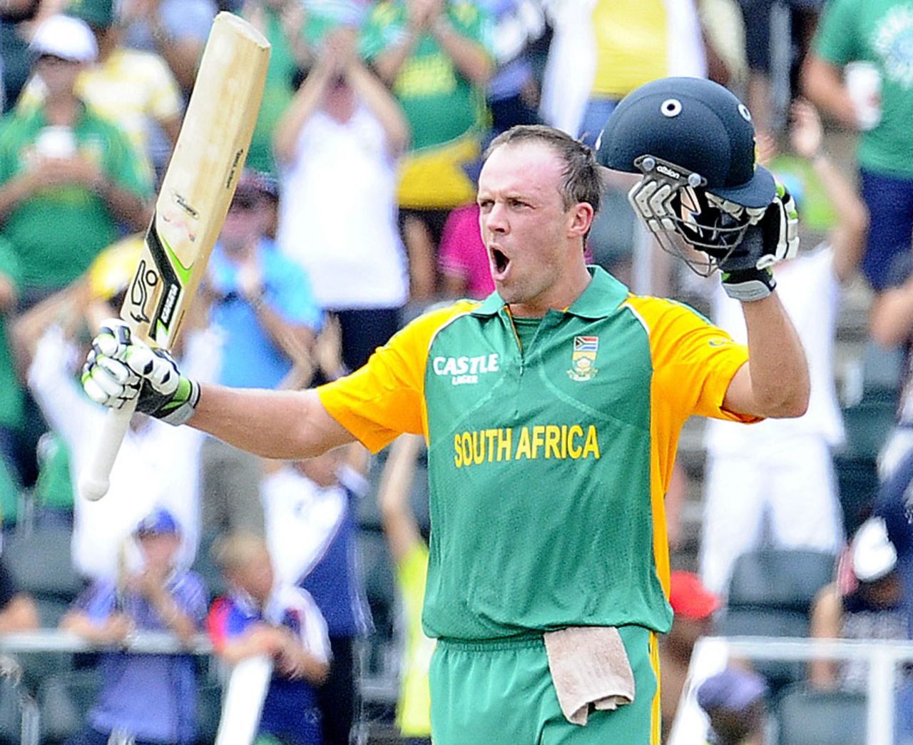 AB de Villiers celebrates his 14th ODI century, South Africa v Sri Lanka, 5th ODI, Johannesburg, January 22, 2012