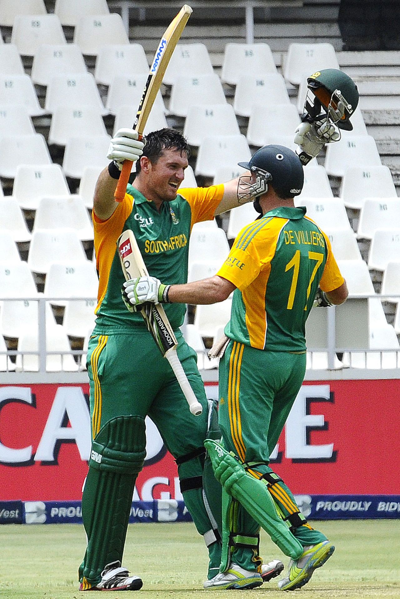 Graeme Smith celebrates his century with AB de Villiers, South Africa v Sri Lanka, 5th ODI, Johannesburg, January 22, 2012