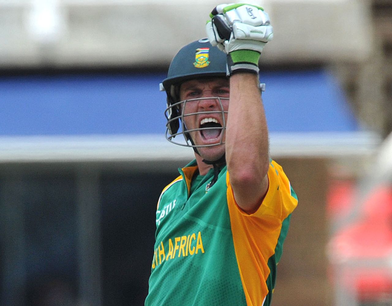 AB de Villiers pumps his fist on reaching his century, South Africa v Sri Lanka, 5th ODI, Johannesburg, January 22, 2012