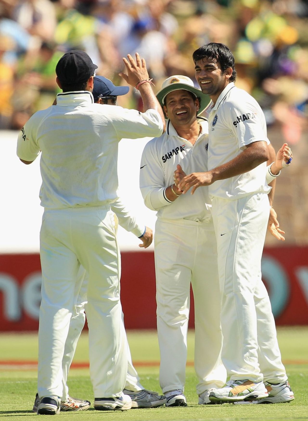 Zaheer Khan celebrates the wicket of David Warner, Australia v India, 4th Test, Adelaide, 1st day, January 24, 2012