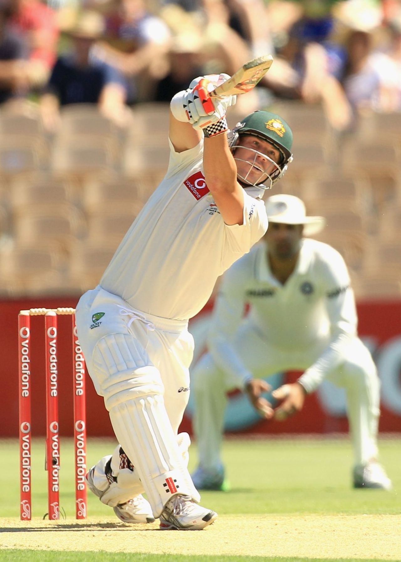 David Warner drives aerially down the ground, Australia v India, 4th Test, Adelaide, 1st day, January 24, 2012