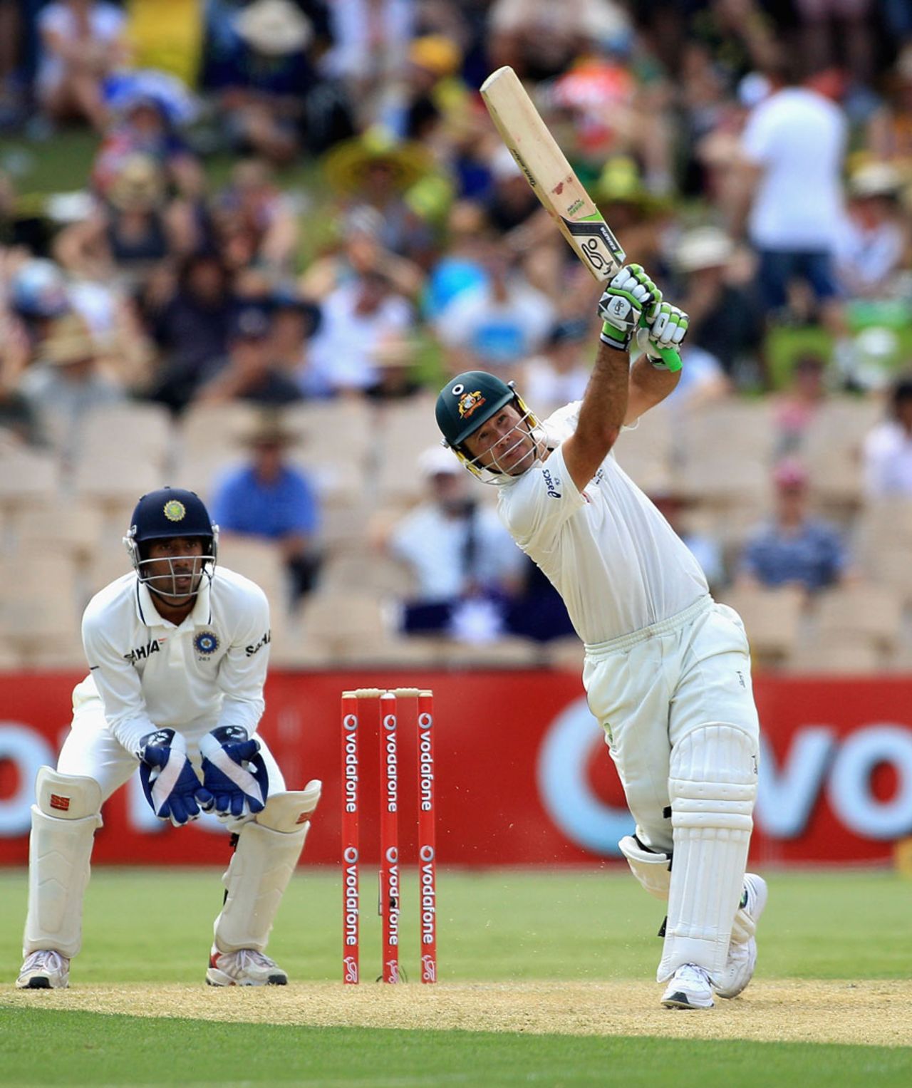 Ricky Ponting lofts one down the ground, Australia v India, 4th Test, Adelaide, 1st day, January 24, 2012