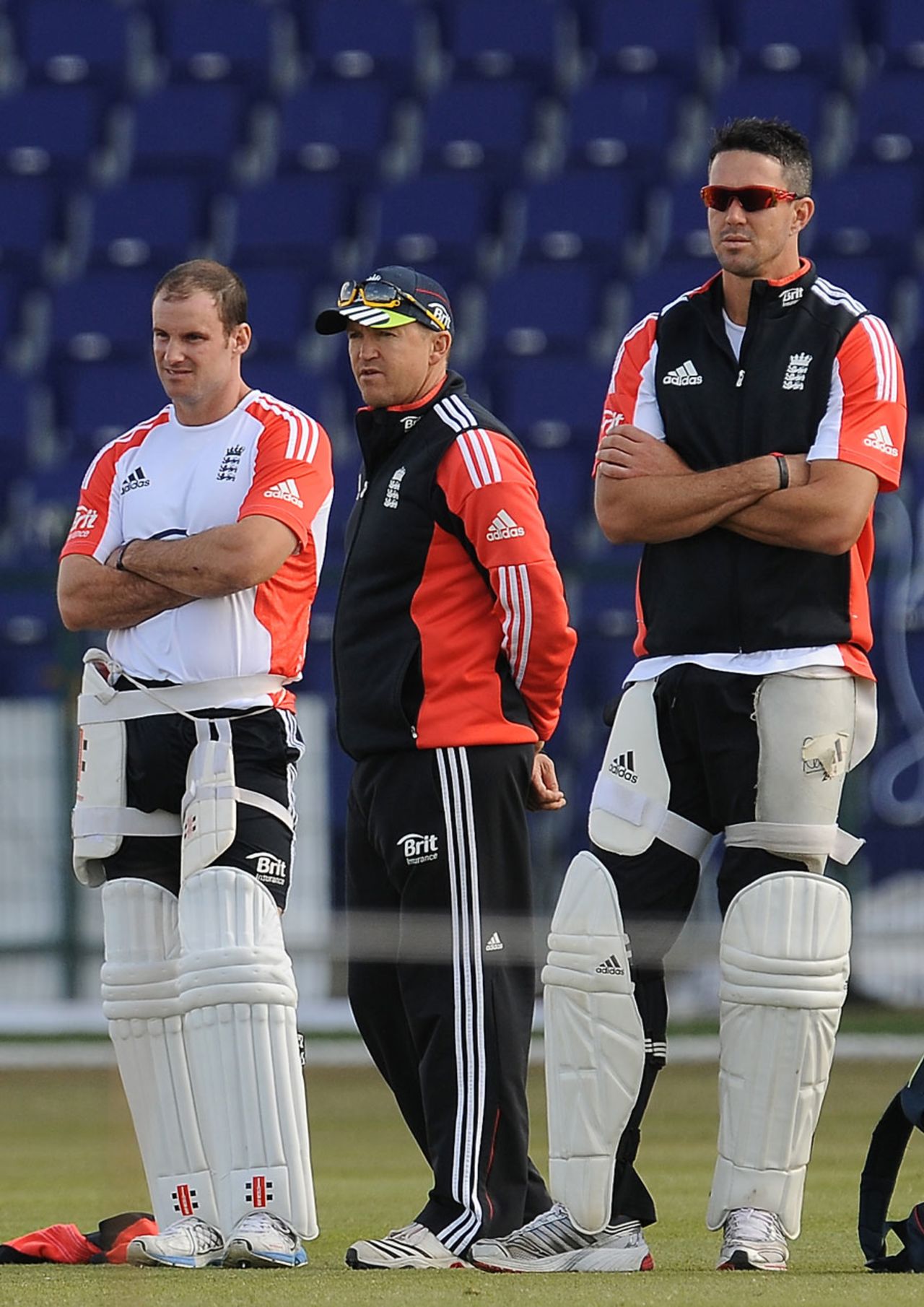 Andrew Strauss, Andy Flower and Kevin Pietersen observe England's net session, Abu Dhabi, January, 24, 2012