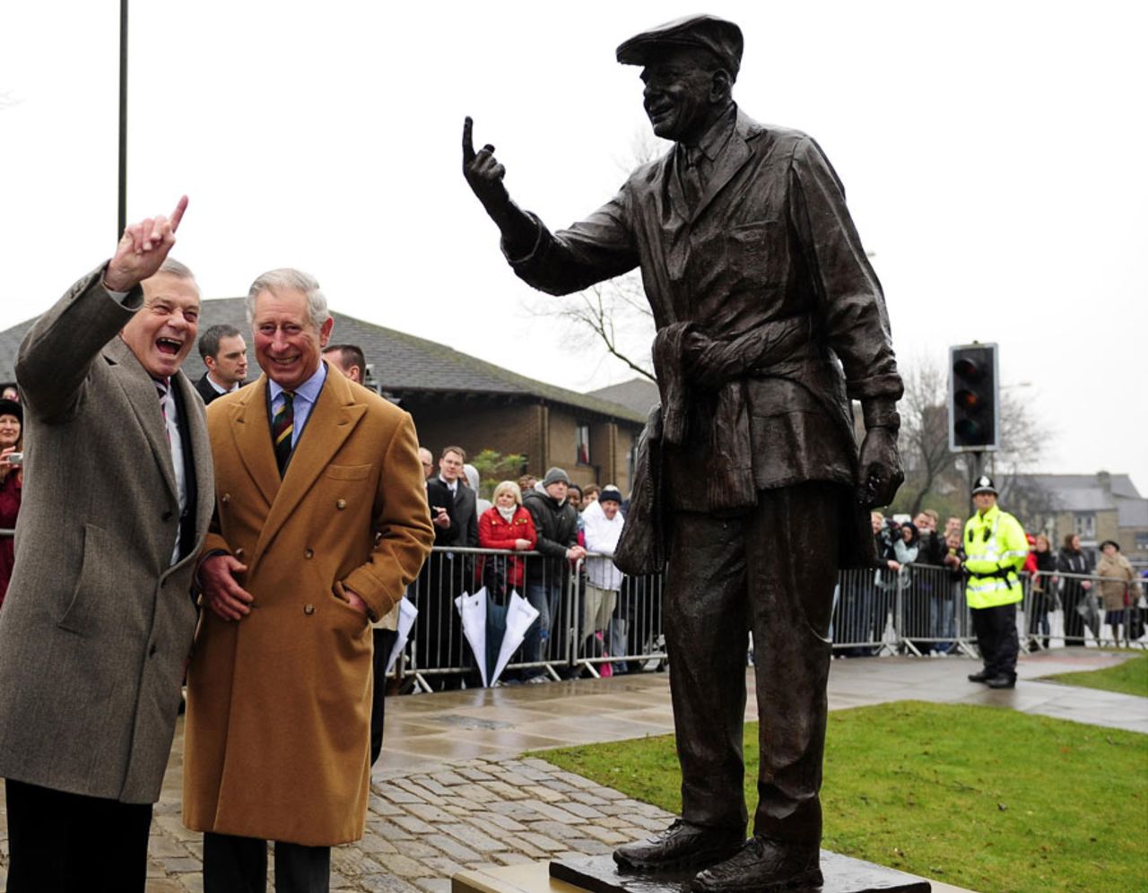 Dickie Bird and Prince Charles at the umpire's statue, Barnsley, January 24, 2012