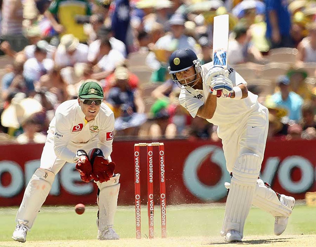Virat Kohli drives one through the off side, Australia v India, 4th Test, Adelaide, 3rd day, January 26, 2012