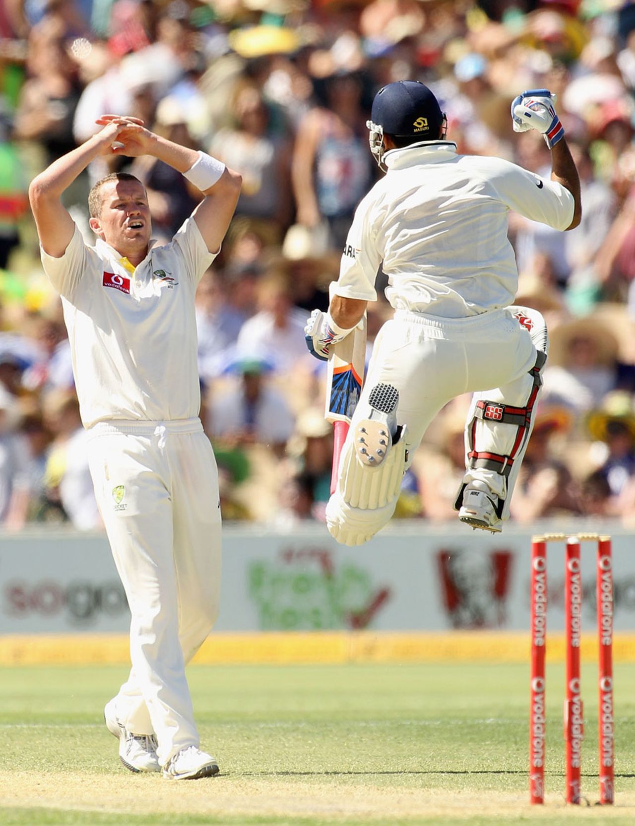 Virat Kohli leaps after completing a hundred, Australia v India, 4th Test, Adelaide, 3rd day, January 26, 2012