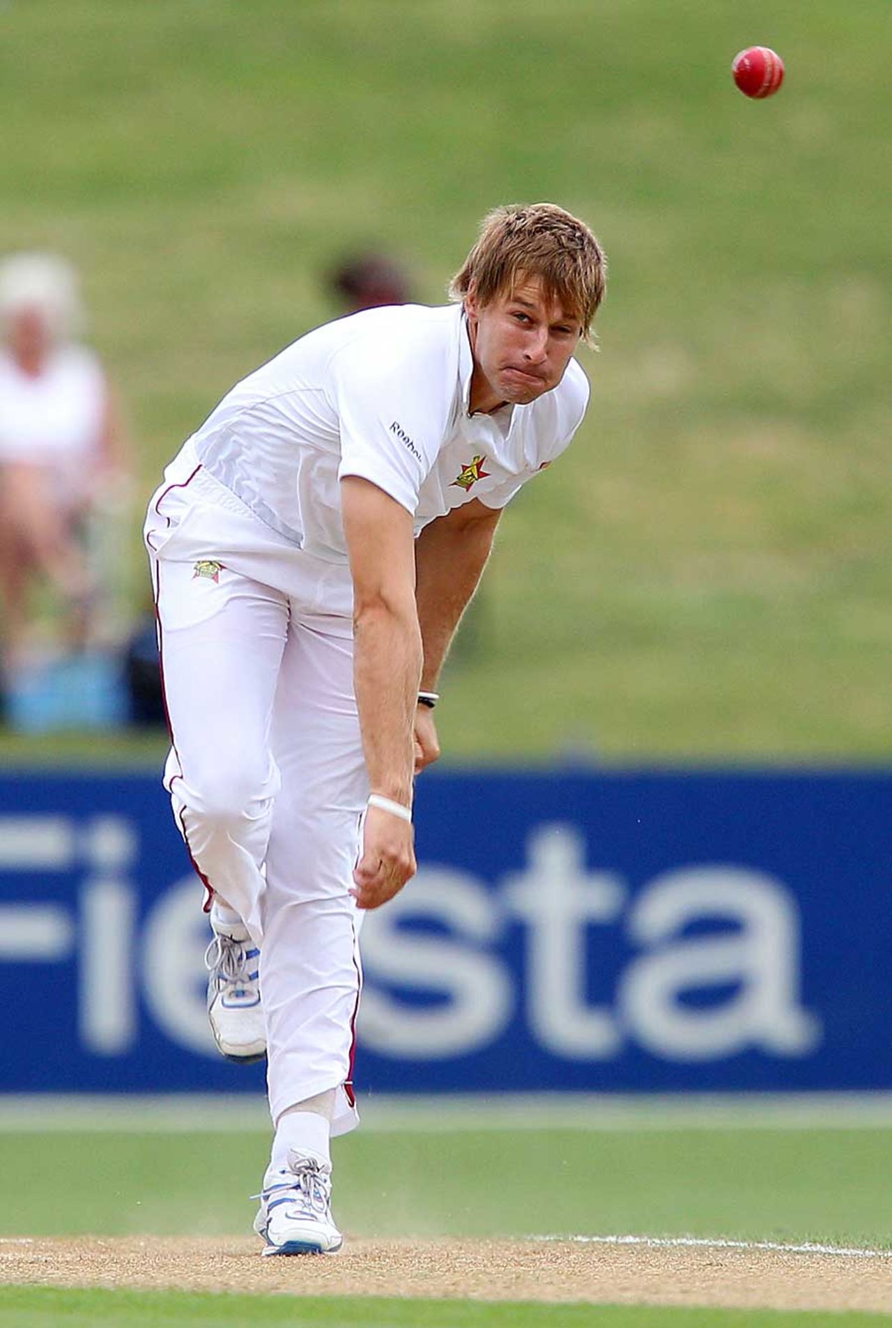 Kyle Jarvis sends one down, New Zealand v Zimbabwe, Only Test, Napier, 2nd day, January 27, 2012