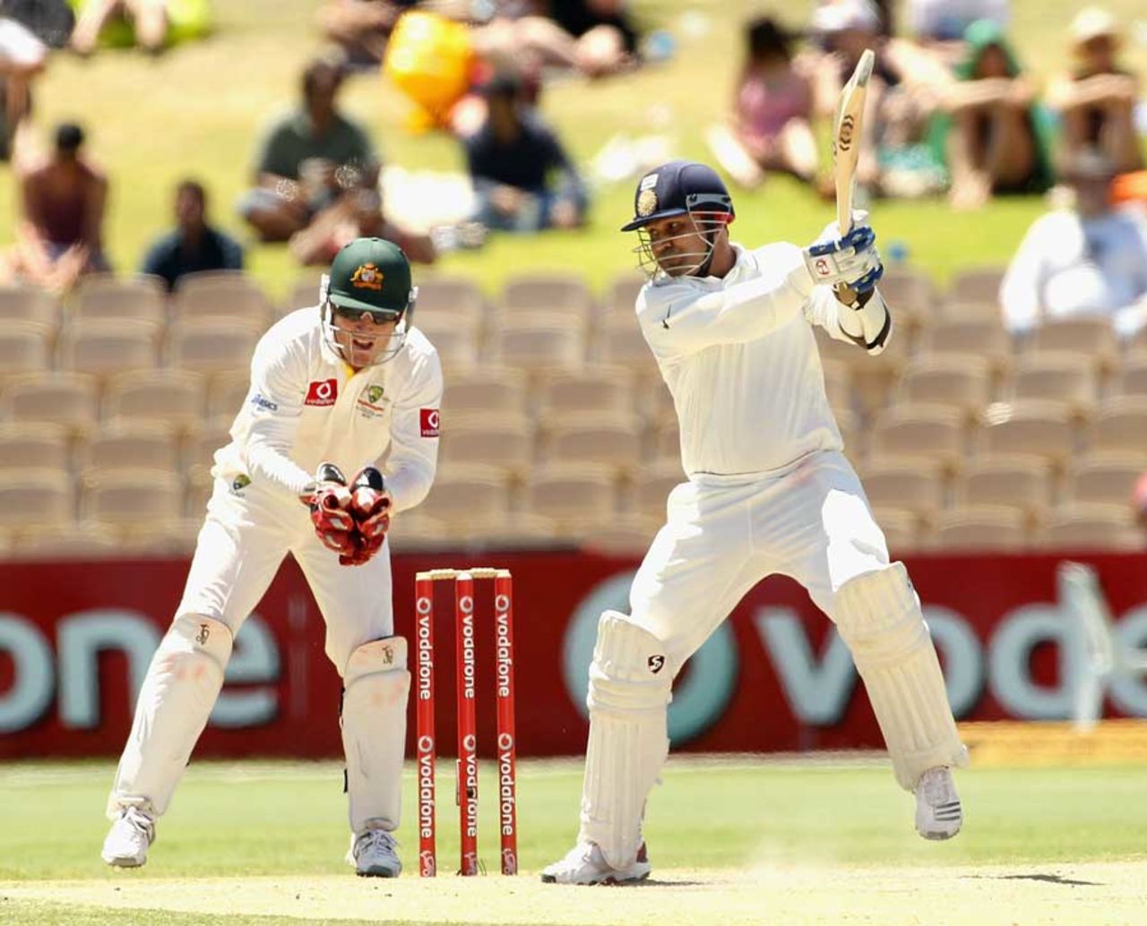 Virender Sehwag cracks one through the off side, Australia v India, 4th Test, Adelaide, 4th day, January 27, 2012