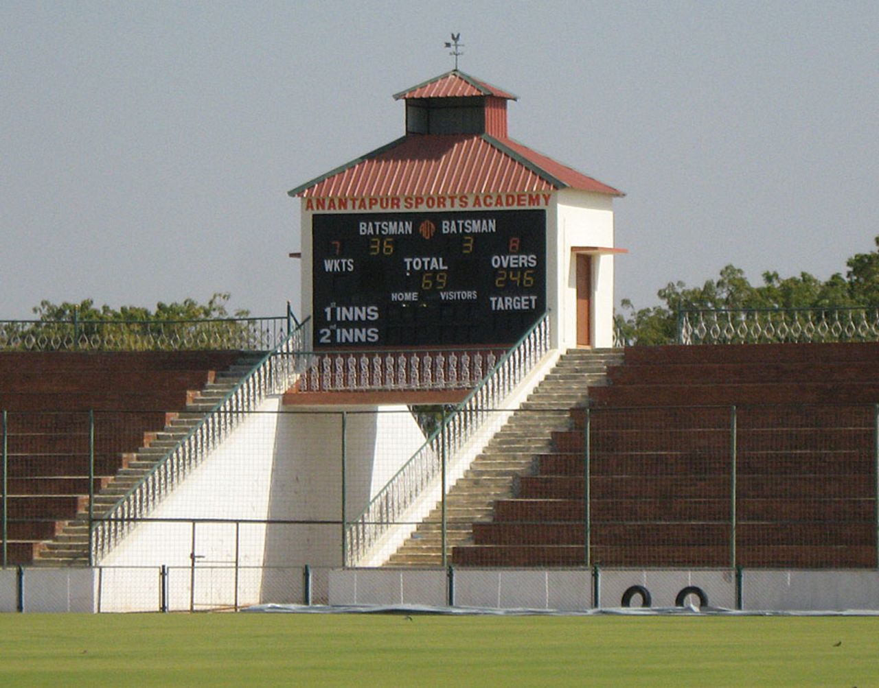 The scoreboard at the Rural Development Trust Stadium, Anantapur, January, 2012 