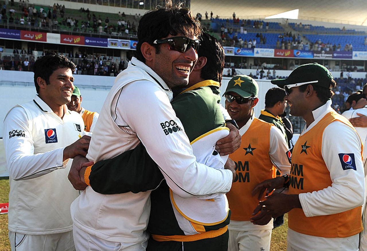 Misbah-ul-Haq hugs Mohsin Khan after Pakistan's series win, Pakistan v England, 2nd Test, Abu Dhabi, 4th day, January 28, 2012