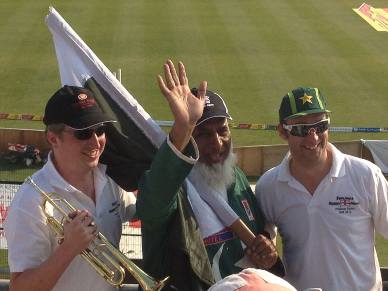 Billy Cooper, the Barmy Army trumpeter, with Chacha, the Pakistan cheerleader, Pakistan v England, 2nd Test, Abu Dhabi, 4th day, January 28, 2012