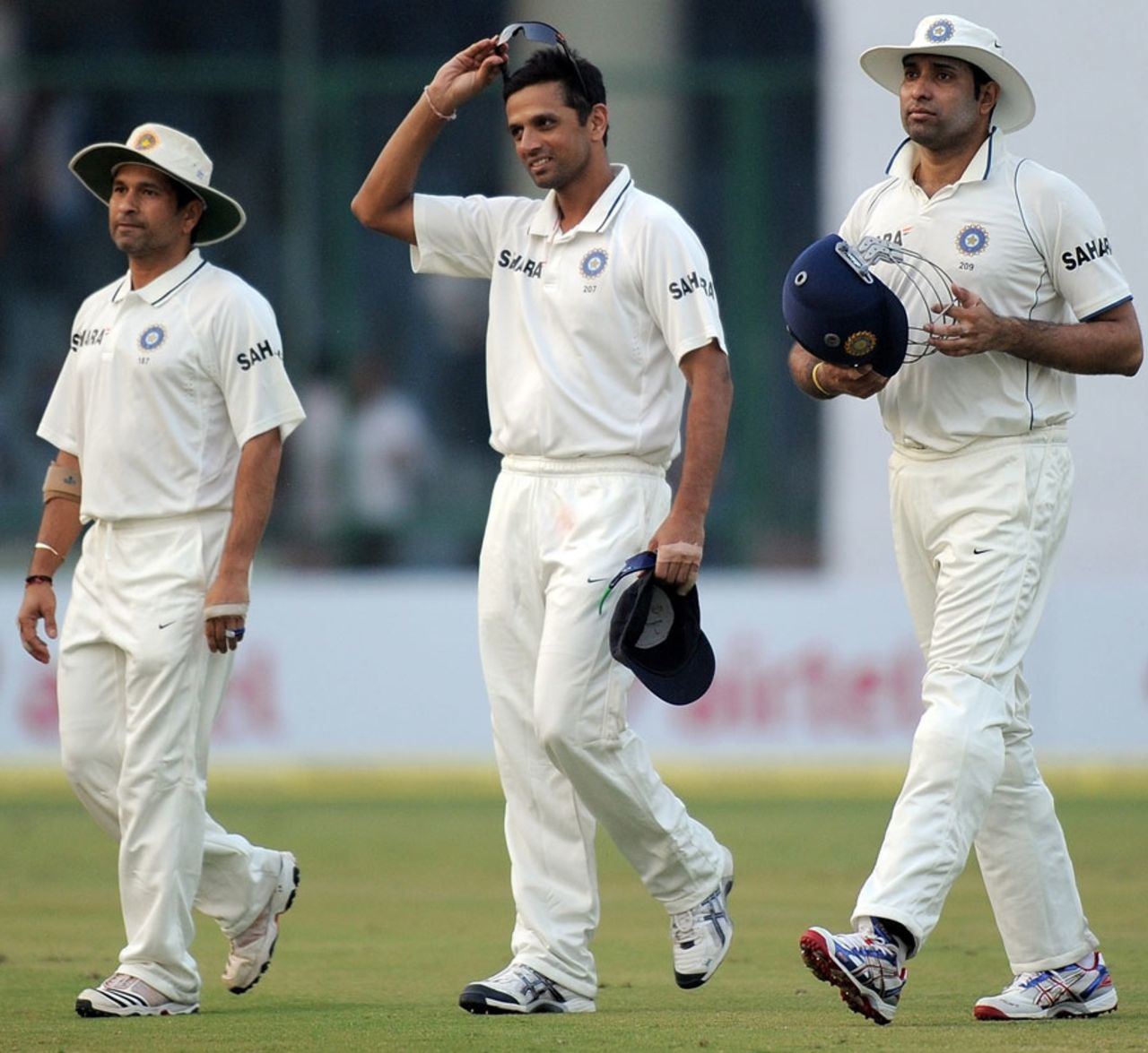 Sachin Tendulkar, Rahul Dravid and VVS Laxman walk off the field at the end of the day's play, India v West Indies, 1st Test, 2nd day, Delhi, November 7, 2011