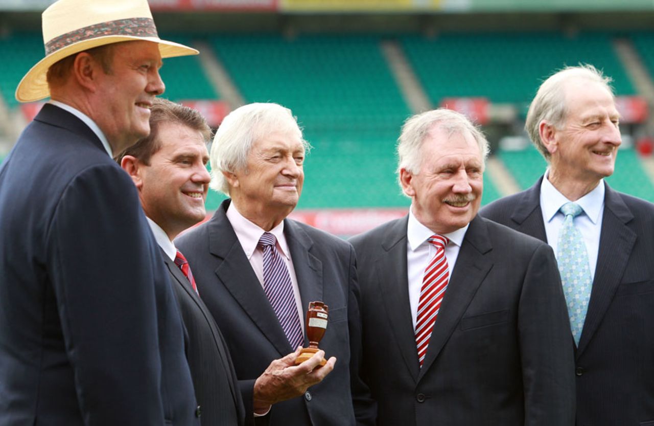Tony Greig, Mark Taylor, Richie Benaud, Ian Chappell and Bill Lawry, Channel 9 commentators, attend the launch of the Ashes, Sydney, November 16, 2010